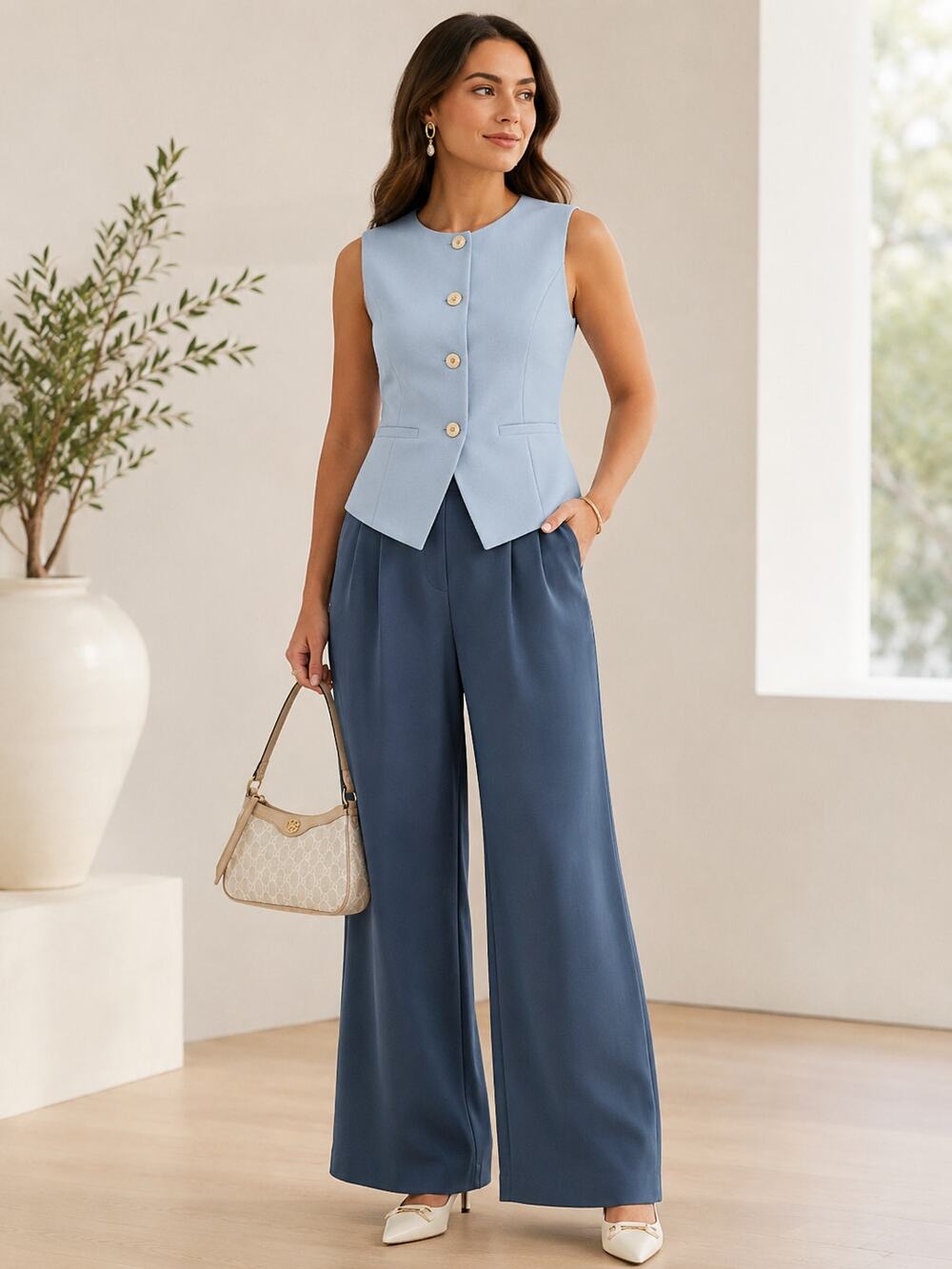 OGL SZ M 6/8 Ponte-De-Roma Breezy Wide Leg Pant with Pockets In Rock Blue NWT